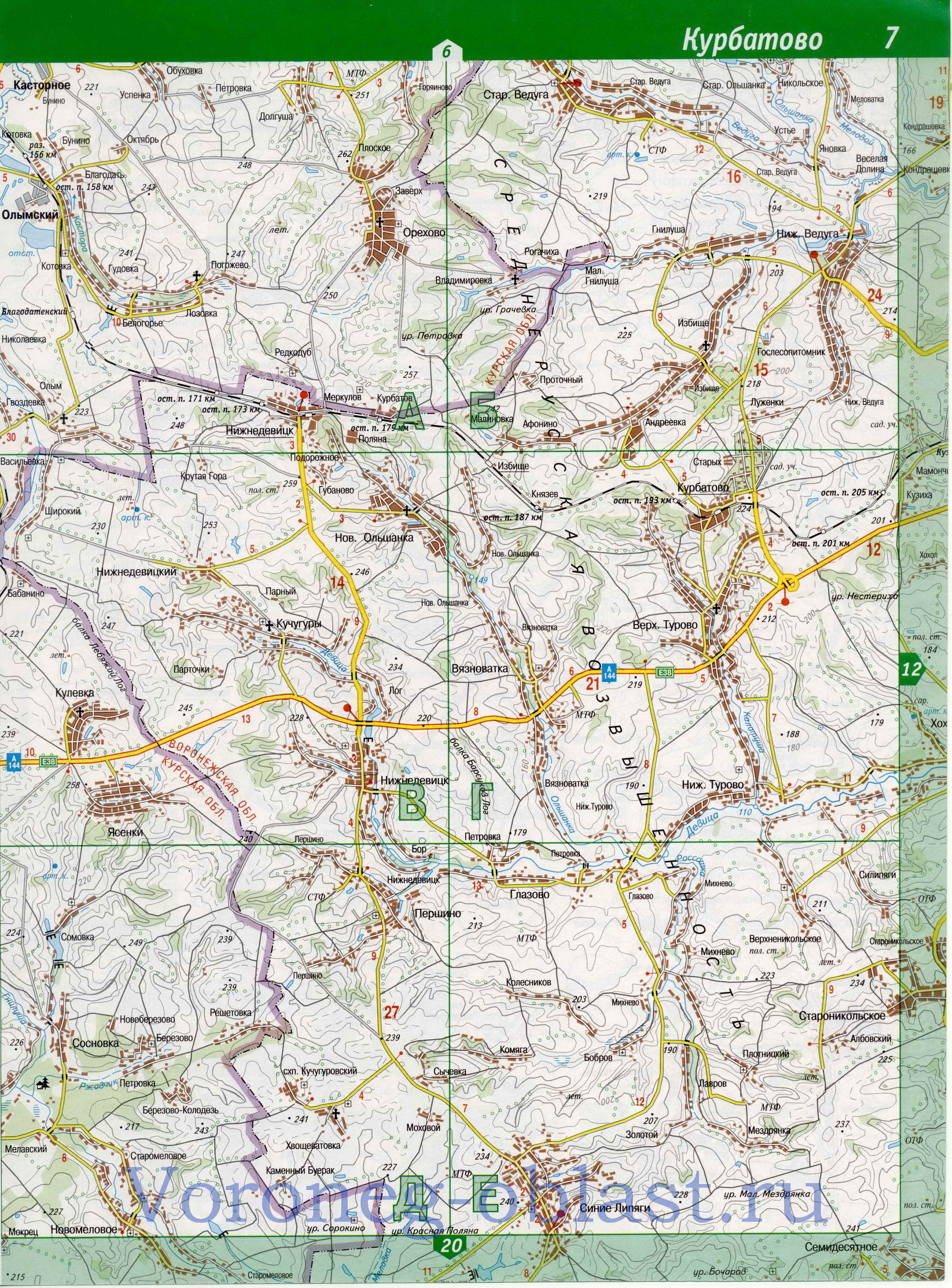 Карта Нижнедевицкого района. Топографическая карта - Нижнедевицкий район, A0 - 